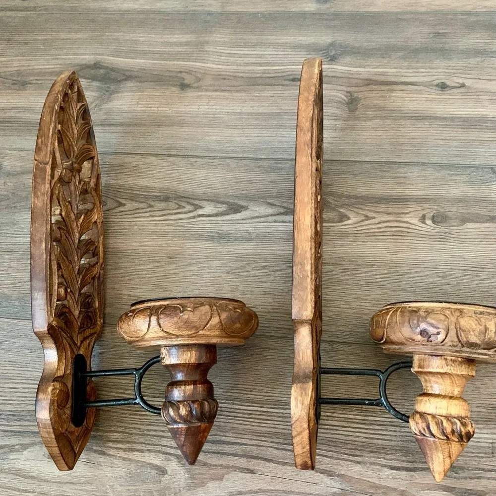 Vintage Pair Of Hand carved Wooden Ornate Wall Candle Holders